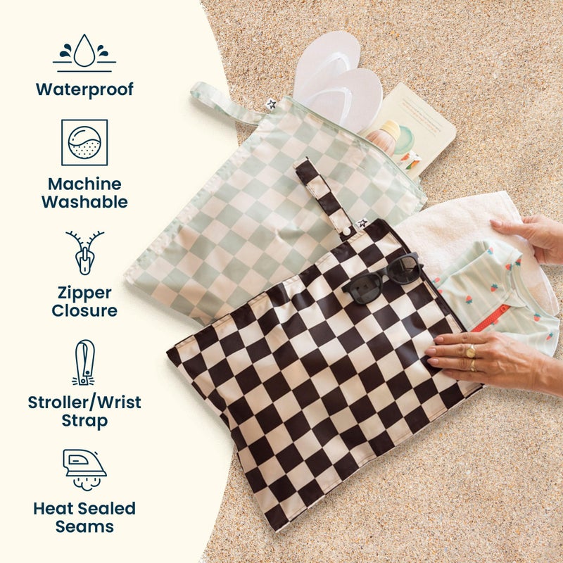 Tiny Twinkle Wet Dry Bag - 2 Pack Reusable Waterproof & Mess Proof Wet Bags for Swimsuits & Travel, Baby Towels & Beach Essentials,a Diaper Bag Must-Have(Black, Green Checkers) - Image 3